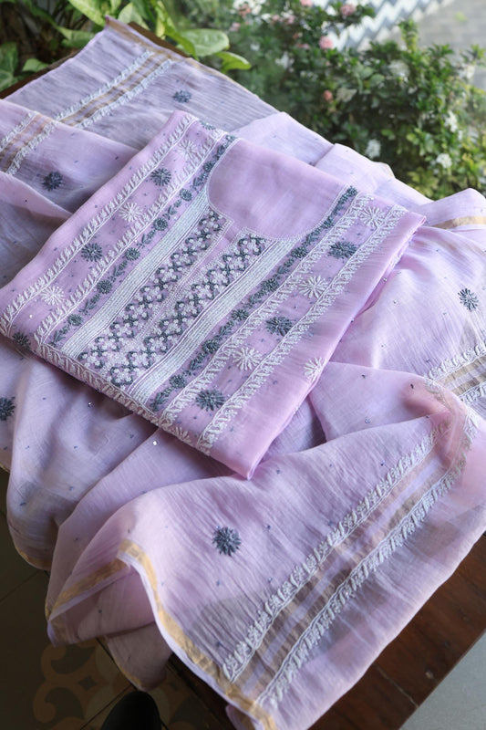 Lavender & Grey Shade  Malmal Pearl Work Chikankari Fabric