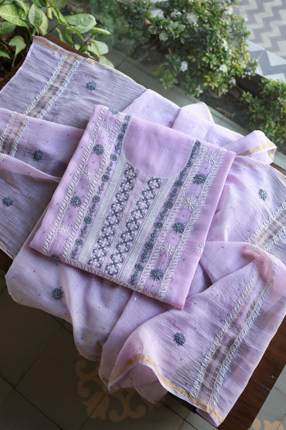 Lavender Shade Malmal Pearl Work Chikankari Fabric