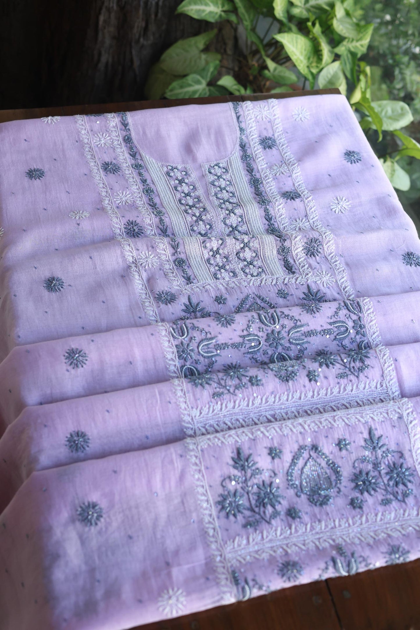 Lavender Shade Malmal Pearl Work Chikankari Fabric