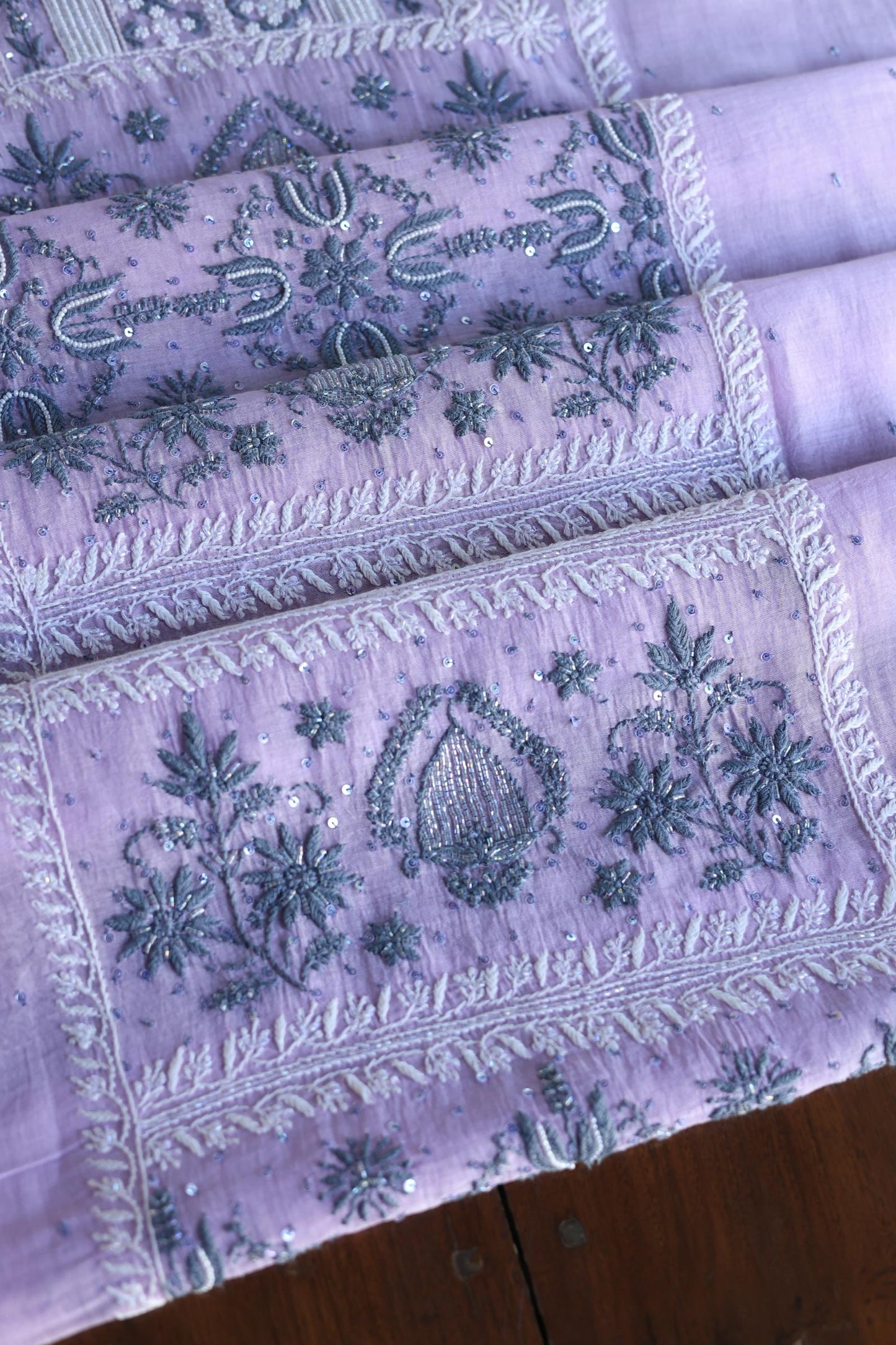 Lavender Shade Malmal Pearl Work Chikankari Fabric