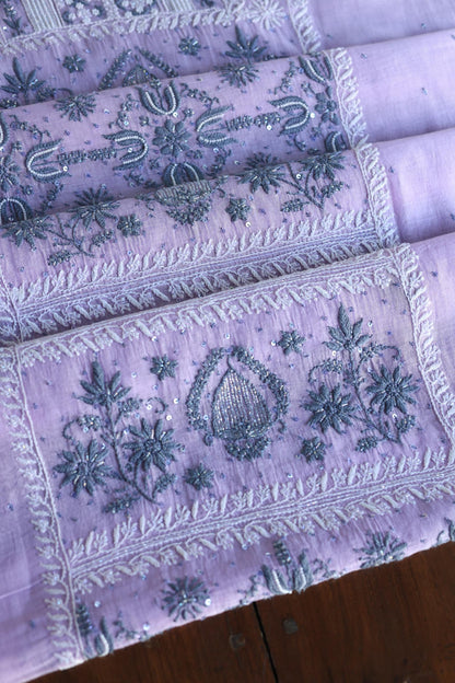 Lavender Shade Malmal Pearl Work Chikankari Fabric