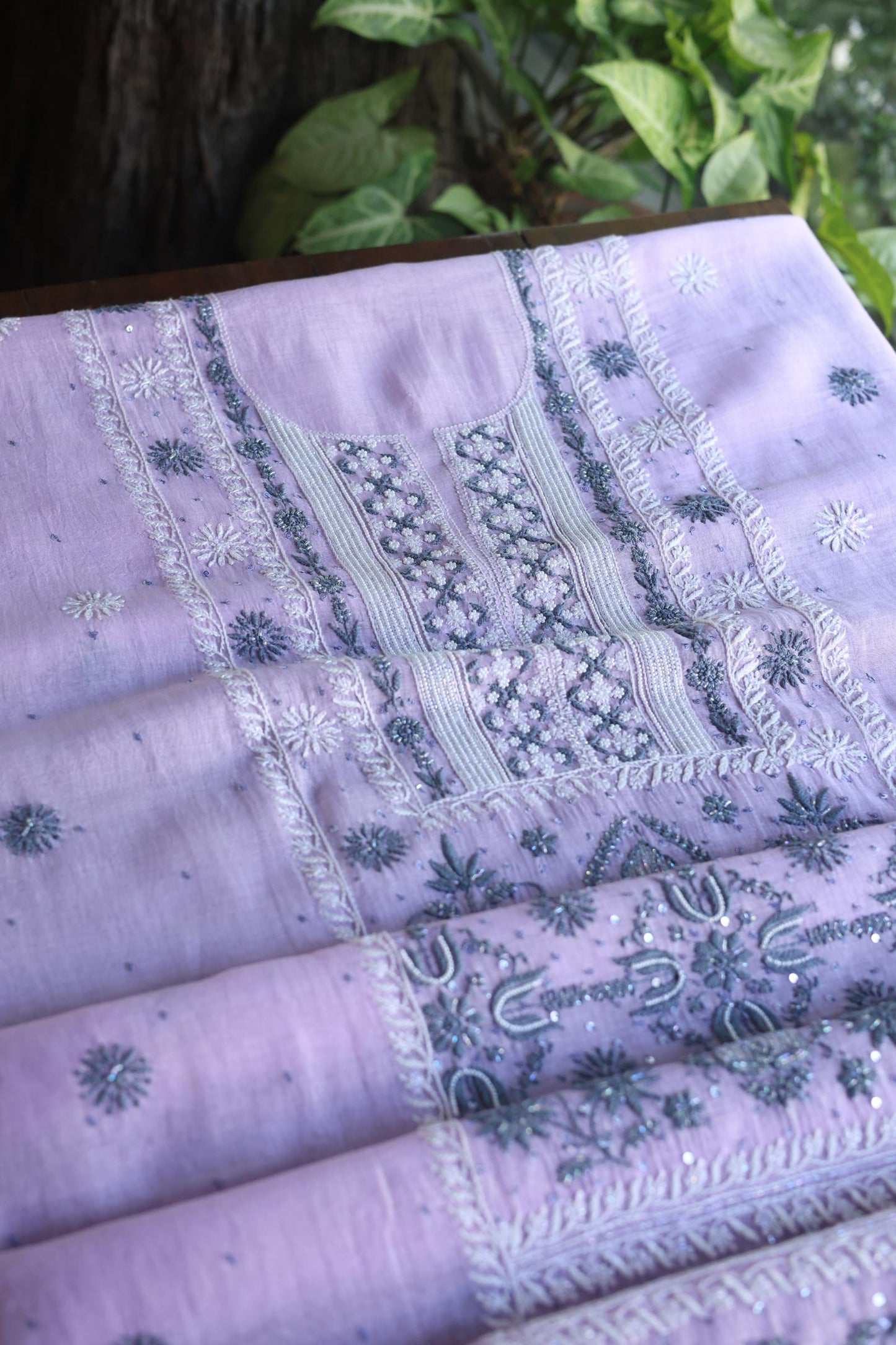 Lavender Shade Malmal Pearl Work Chikankari Fabric