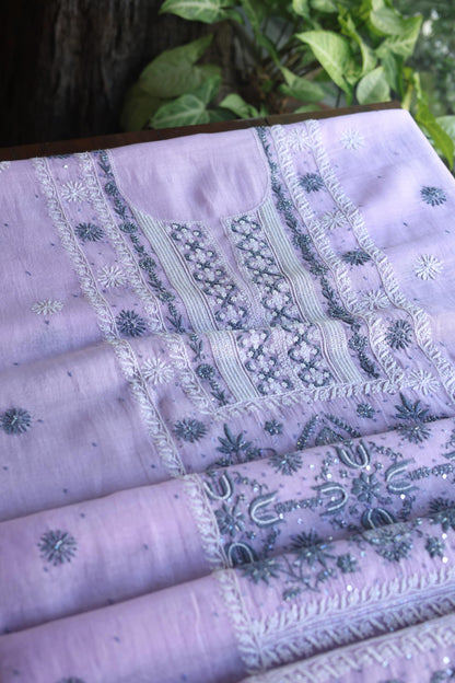 Lavender Shade Malmal Pearl Work Chikankari Fabric