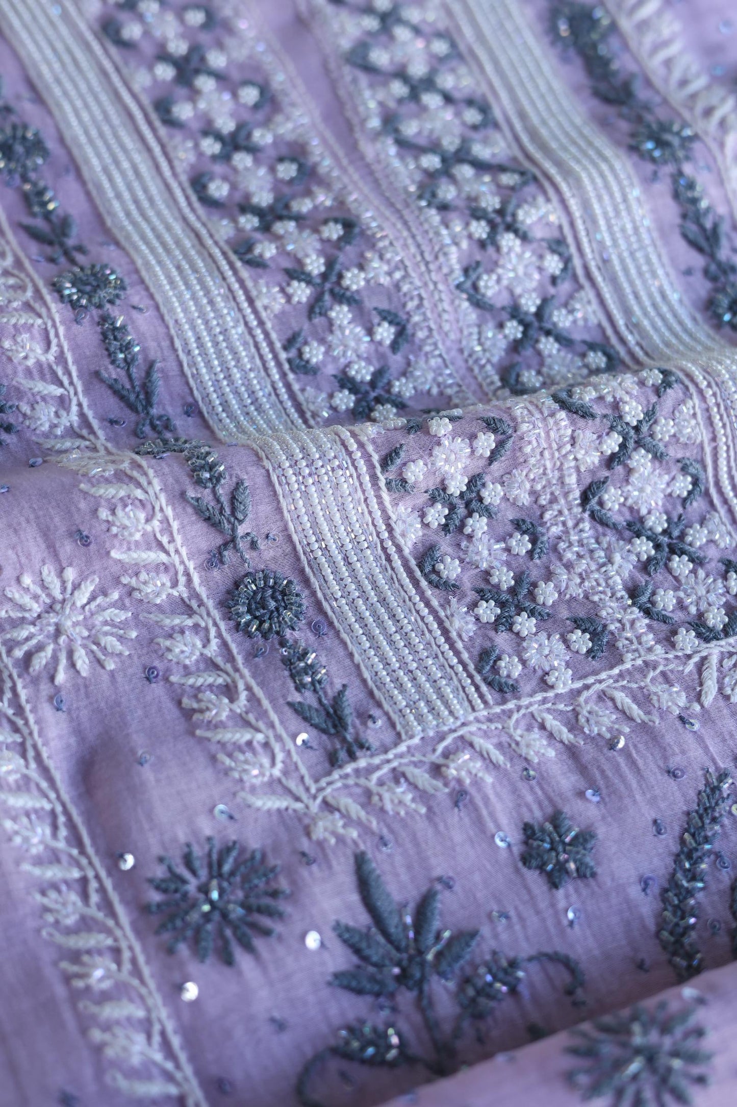 Lavender Shade Malmal Pearl Work Chikankari Fabric