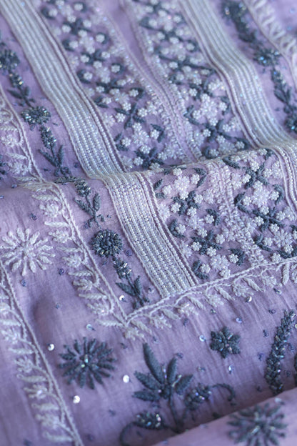 Lavender Shade Malmal Pearl Work Chikankari Fabric