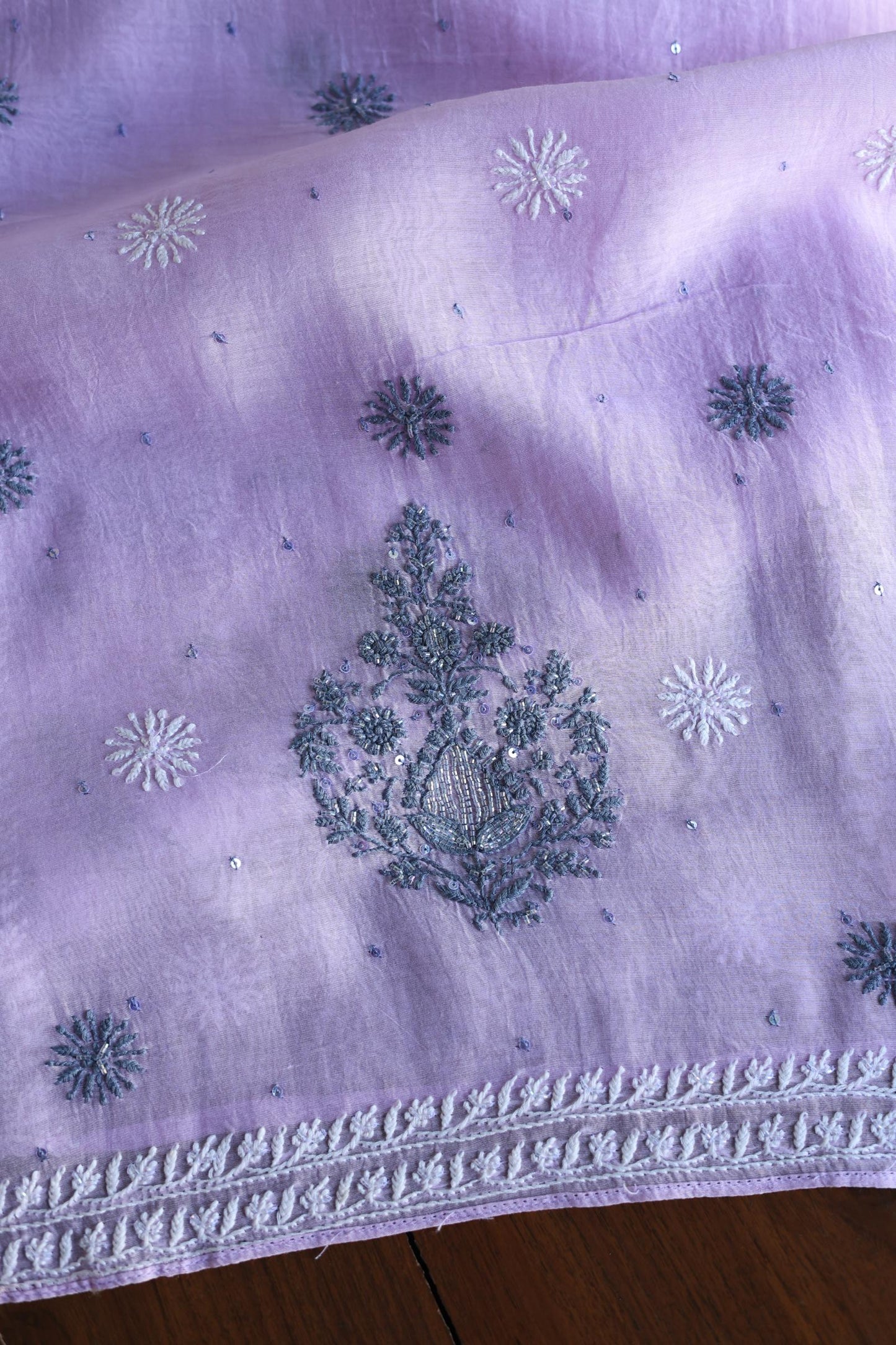 Lavender Shade Malmal Pearl Work Chikankari Fabric