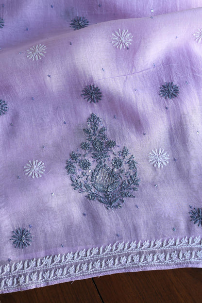 Lavender Shade Malmal Pearl Work Chikankari Fabric