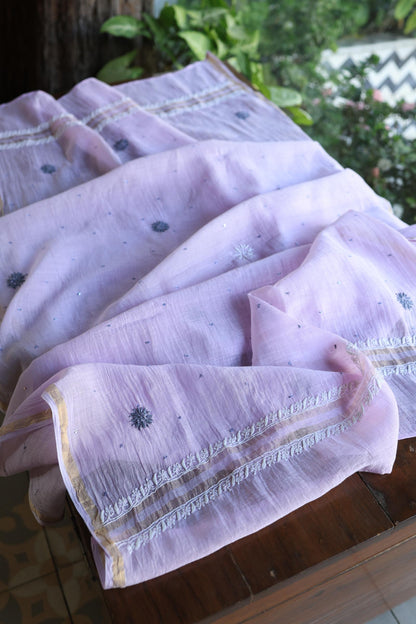 Lavender Shade Malmal Pearl Work Chikankari Fabric