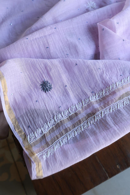 Lavender Shade Malmal Pearl Work Chikankari Fabric