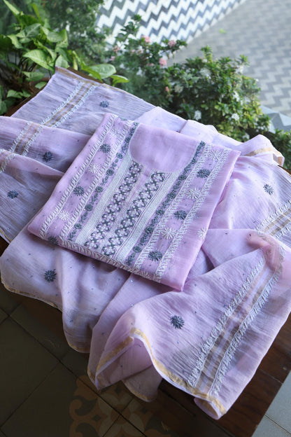 Lavender Shade Malmal Pearl Work Chikankari Fabric