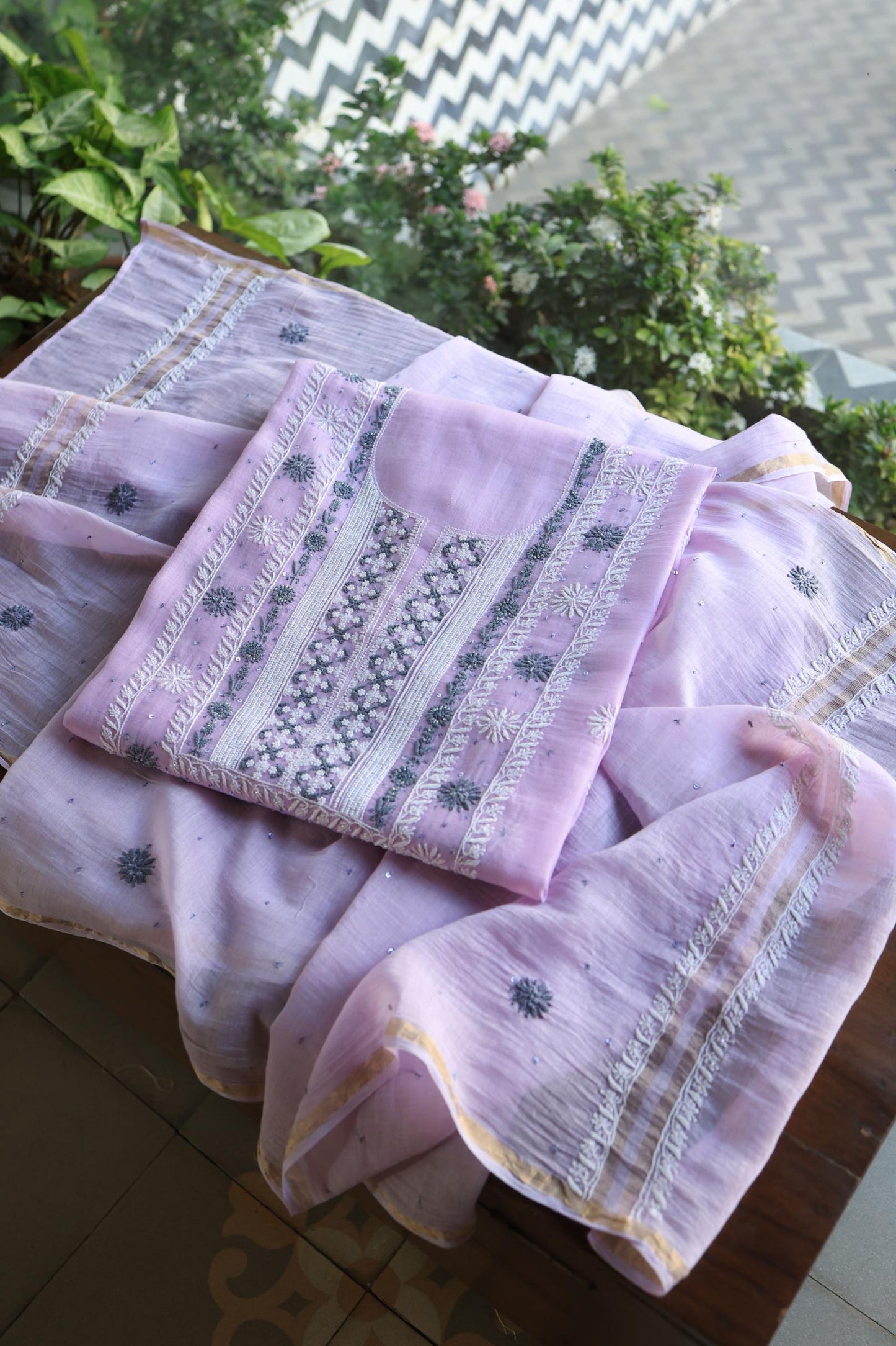 Lavender Shade Malmal Pearl Work Chikankari Fabric