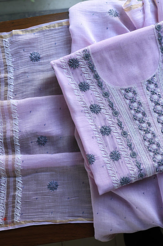 Lavender & Grey Shade  Malmal Pearl Work Chikankari Fabrics