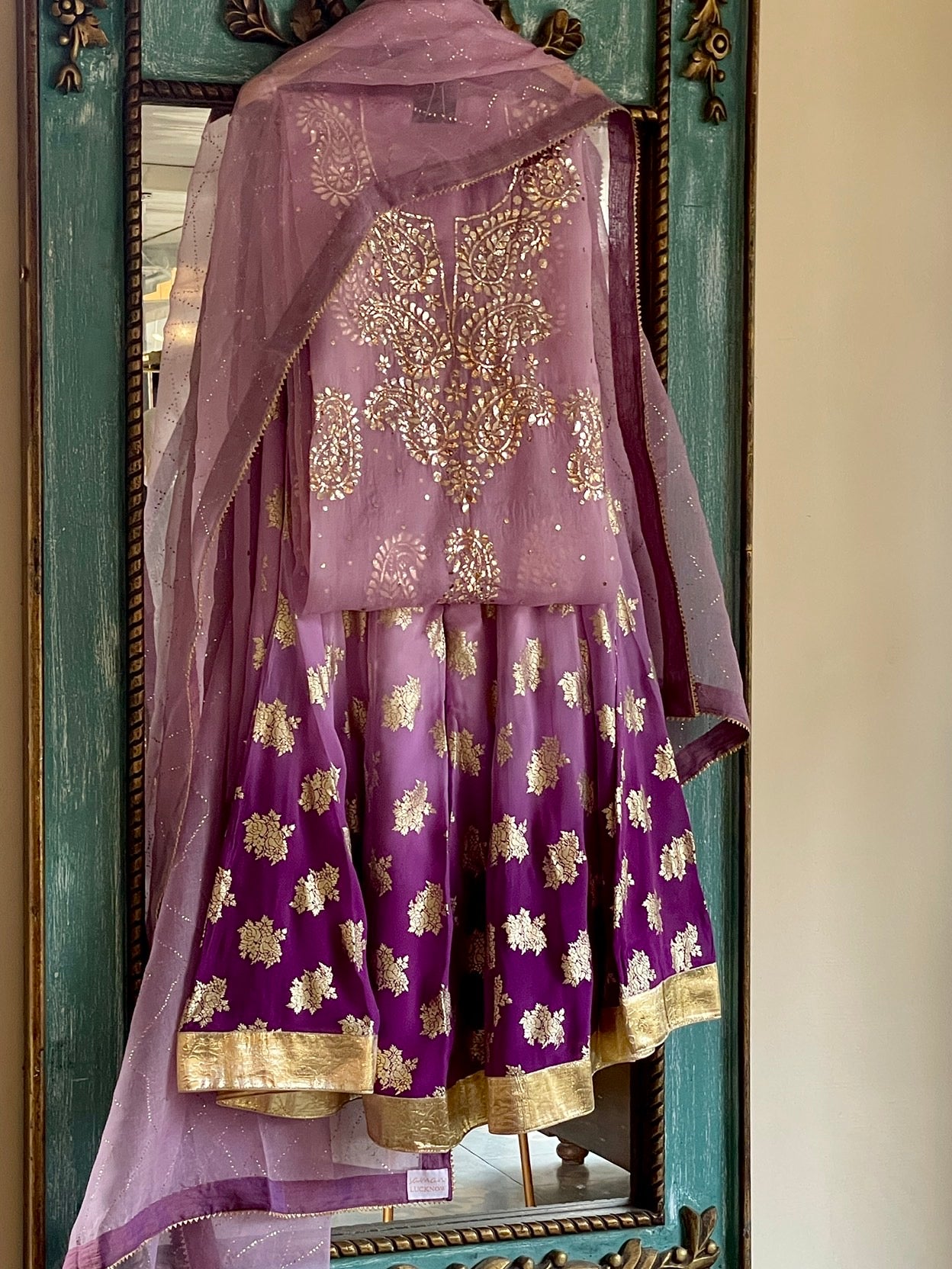 Lavender & Violet Ombre Foil Print Organza Chikankari Ready to Wear Sharara Set
