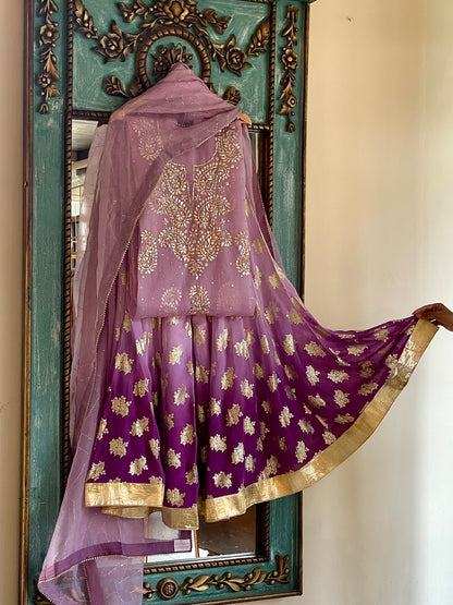 Lavender & Violet Ombre Foil Print Organza Chikankari Ready to Wear Sharara Set