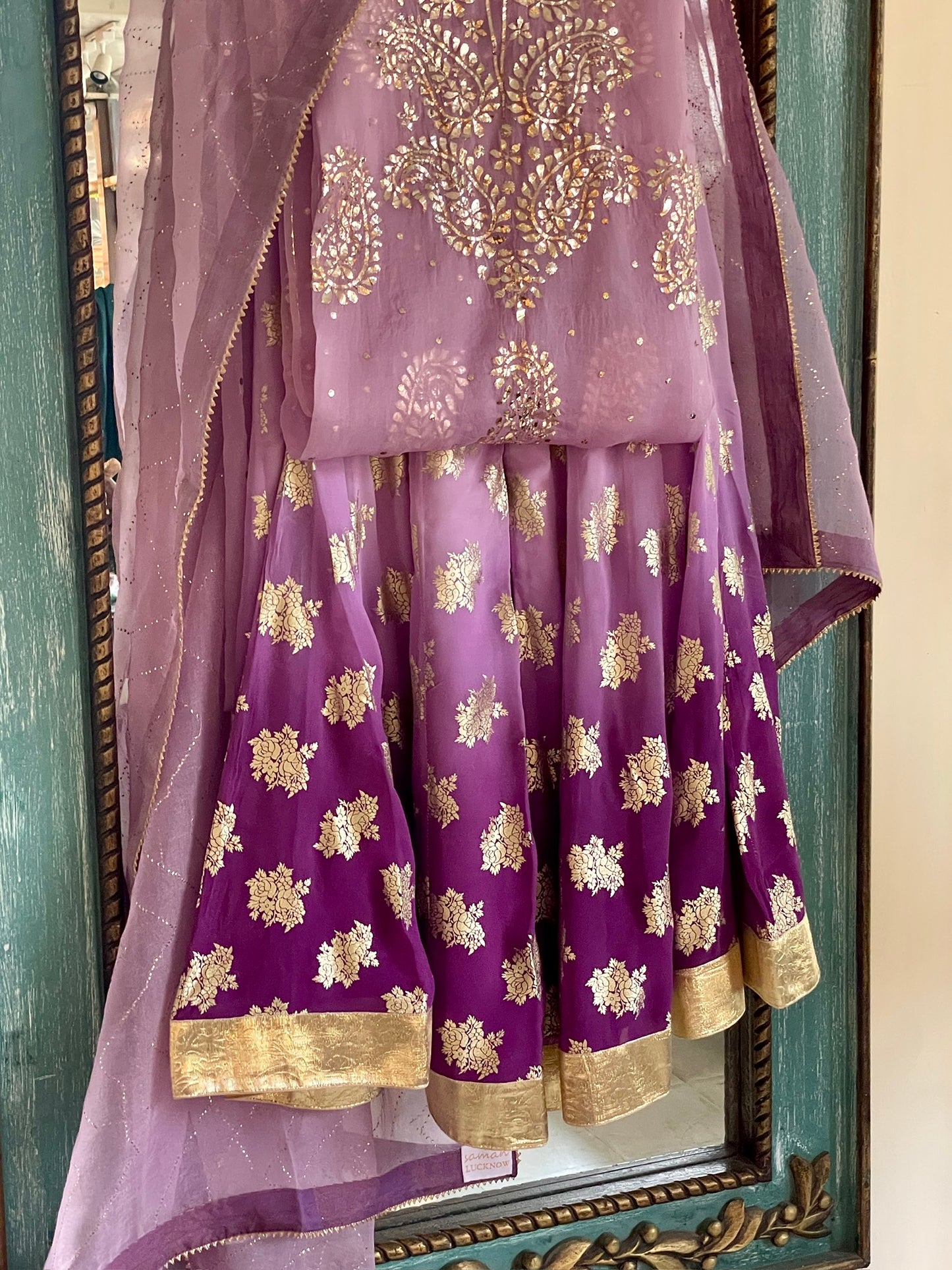 Lavender & Violet Ombre Foil Print Organza Chikankari Ready to Wear Sharara Set
