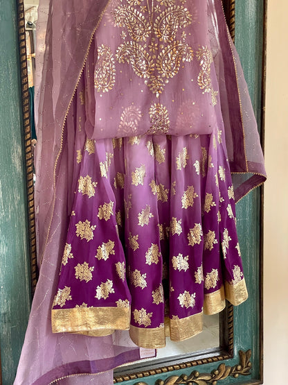 Lavender & Violet Ombre Foil Print Organza Chikankari Ready to Wear Sharara Set