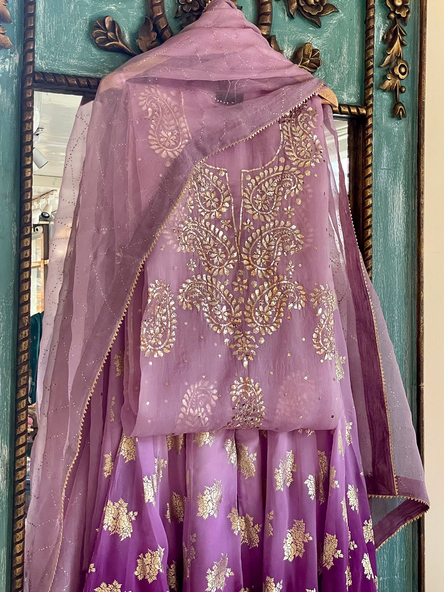 Lavender & Violet Ombre Foil Print Organza Chikankari Ready to Wear Sharara Set