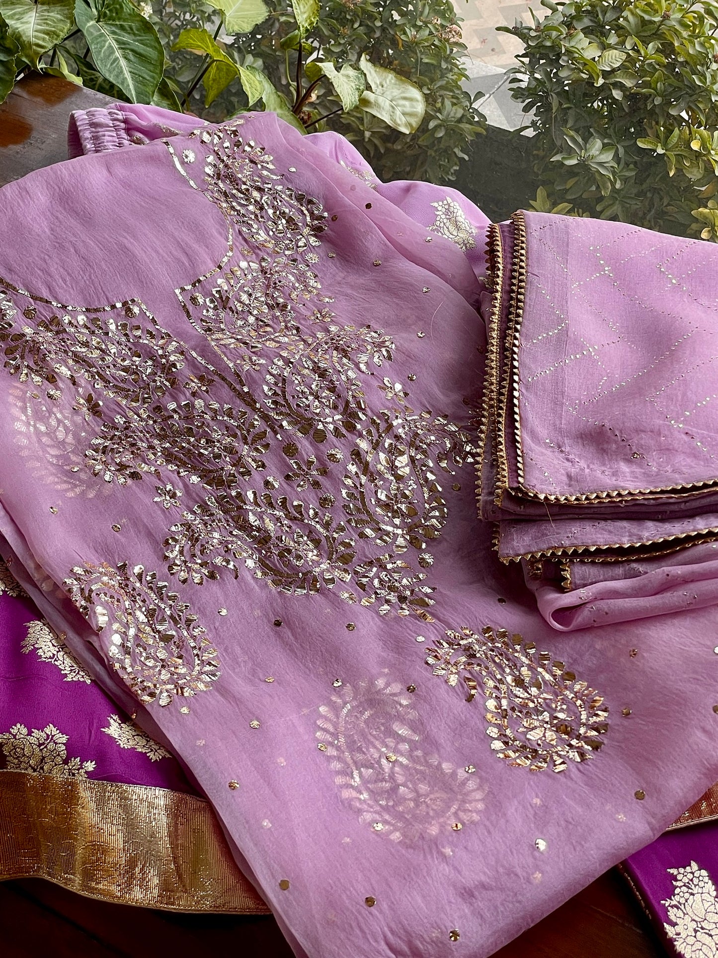 Lavender & Violet Ombre Foil Print Organza Chikankari Ready to Wear Sharara Set