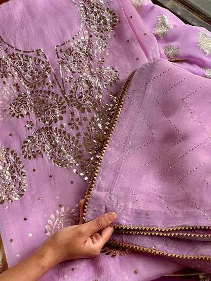 Lavender & Violet Ombre Foil Print Organza Chikankari Ready to Wear Sharara Set