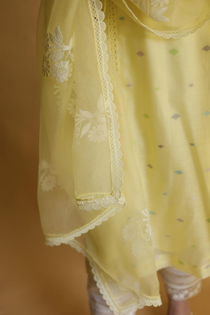 Lemon Yellow Jamdani X Chikankari Ready To Wear Kurta Dupatta Set