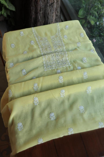 Lemon Yellow Mal Cotton Chikankari Unstitched Kurta Dupatta Fabrics With Kamdani