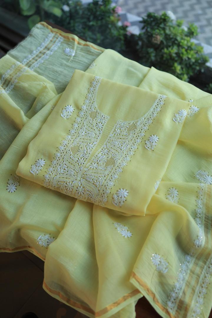 Lemon Yellow Mal Cotton Chikankari Unstitched Kurta Dupatta Fabrics With Kamdani