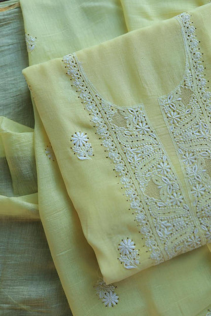 Lemon Yellow Mal Cotton Chikankari Unstitched Kurta Dupatta Fabrics With Kamdani
