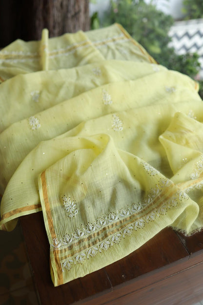 Lemon Yellow Mal Cotton Chikankari Unstitched Kurta Dupatta Fabrics With Kamdani