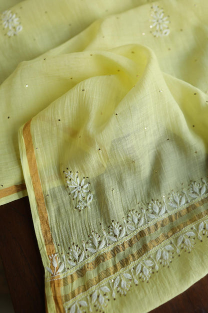 Lemon Yellow Mal Cotton Chikankari Unstitched Kurta Dupatta Fabrics With Kamdani