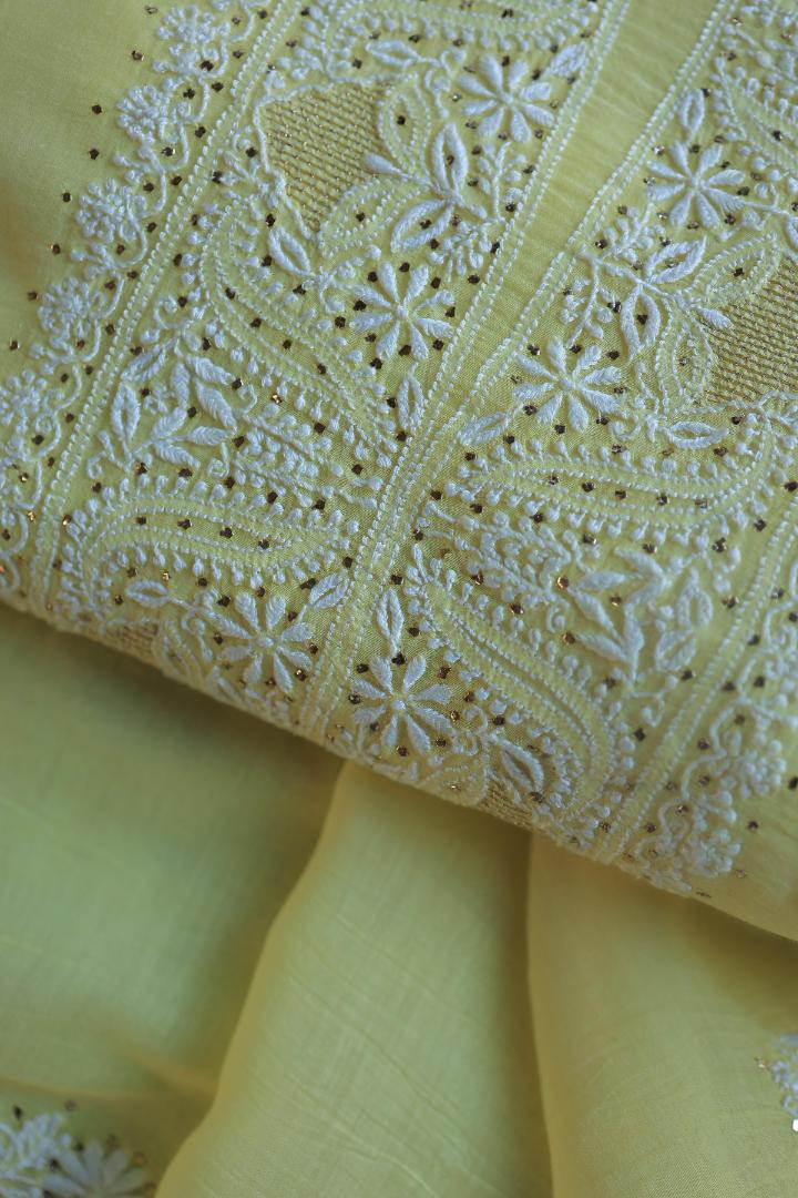 Lemon Yellow Mal Cotton Chikankari Unstitched Kurta Dupatta Fabrics With Kamdani
