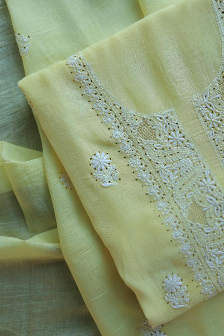 Lemon Yellow Mal Cotton Chikankari Unstitched Kurta Dupatta Fabrics With Kamdani