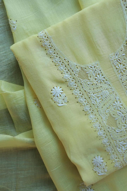 Lemon Yellow Mal Cotton Chikankari Unstitched Kurta Dupatta Fabrics With Kamdani