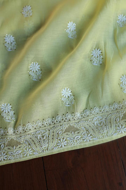 Lemon Yellow Mal Cotton Chikankari Unstitched Kurta Dupatta Fabrics With Kamdani