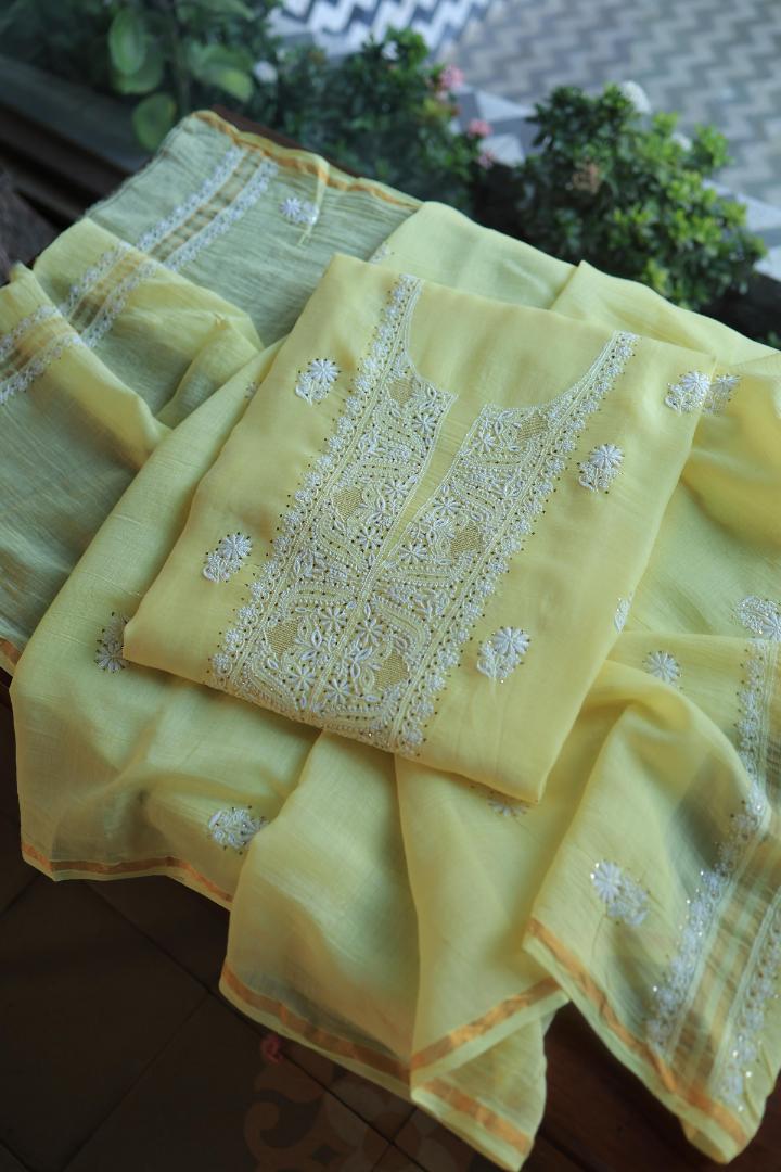Lemon Yellow Mal Cotton Chikankari Unstitched Kurta Dupatta Fabrics With Kamdani