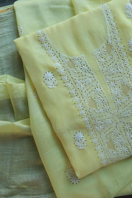 Lemon Yellow Mal Cotton Chikankari Unstitched Kurta Dupatta Fabrics With Kamdani