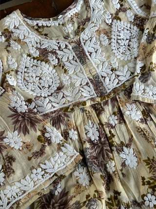 Lemon Floral Print Cotton Chikankari Long Kurta