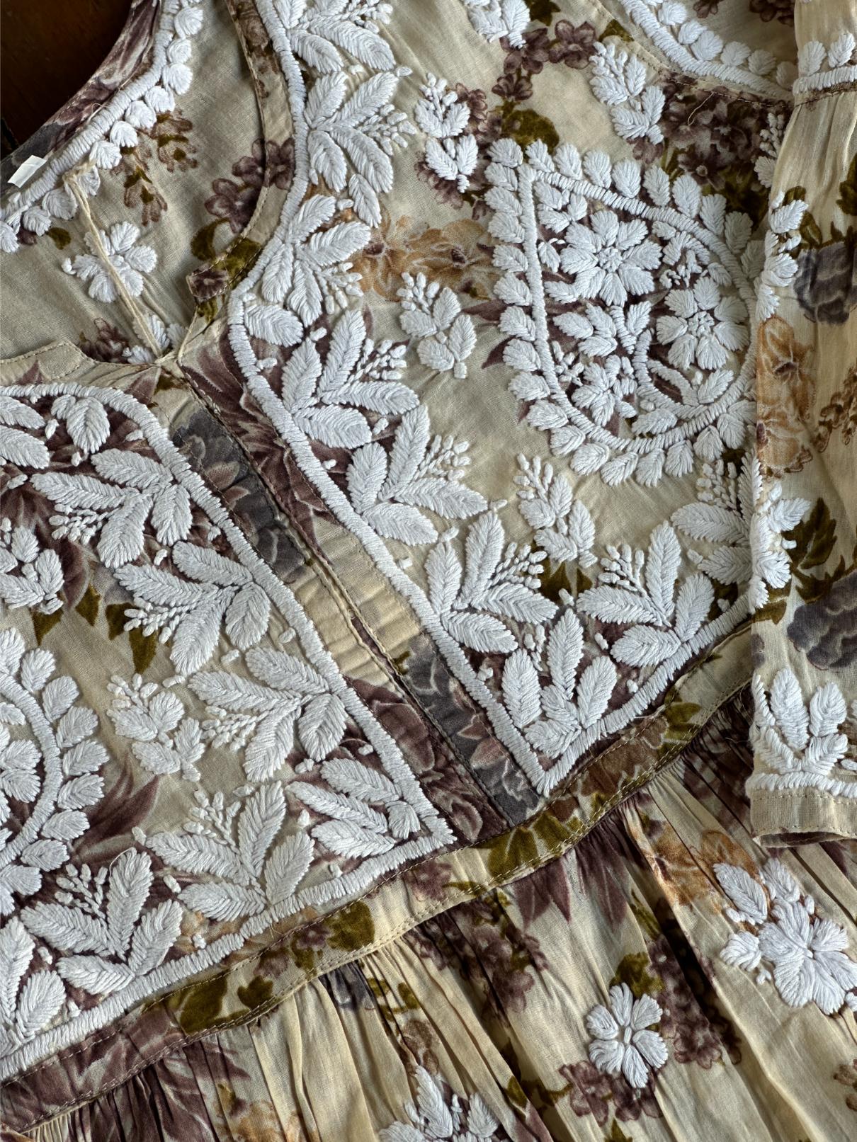 Lemon Floral Print Cotton Chikankari Long Kurta