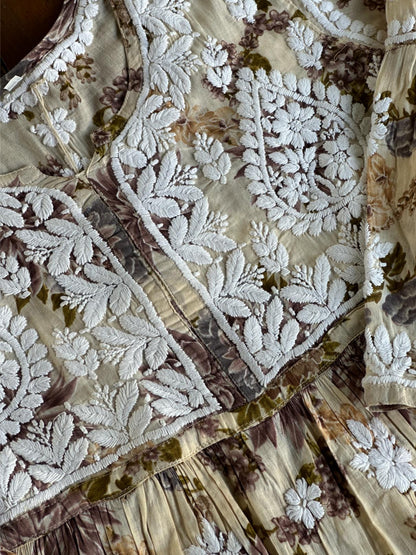 Lemon Floral Print Cotton Chikankari Long Kurta