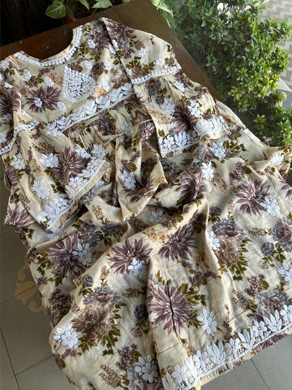 Lemon Floral Print Cotton Chikankari Long Kurta