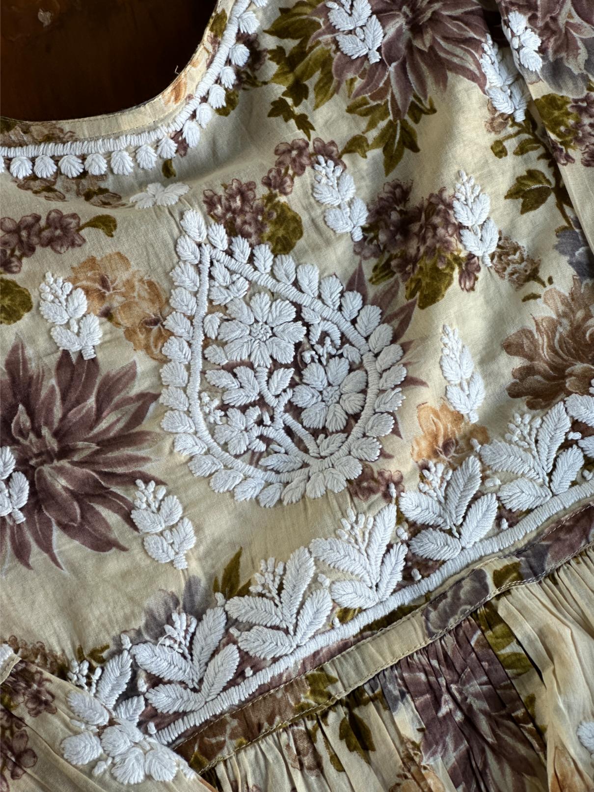 Lemon Floral Print Cotton Chikankari Long Kurta