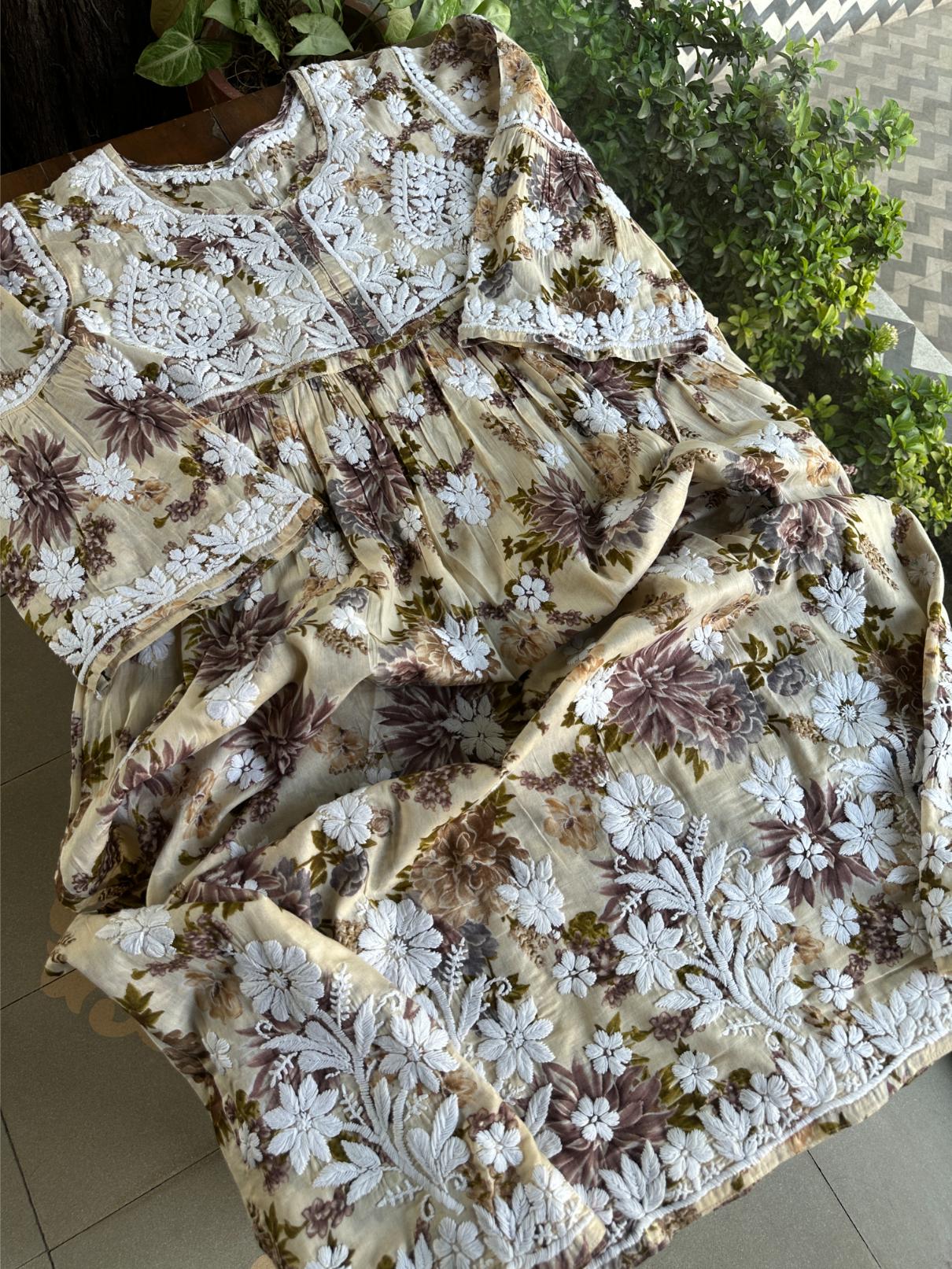 Lemon Floral Print Cotton Chikankari Long Kurta