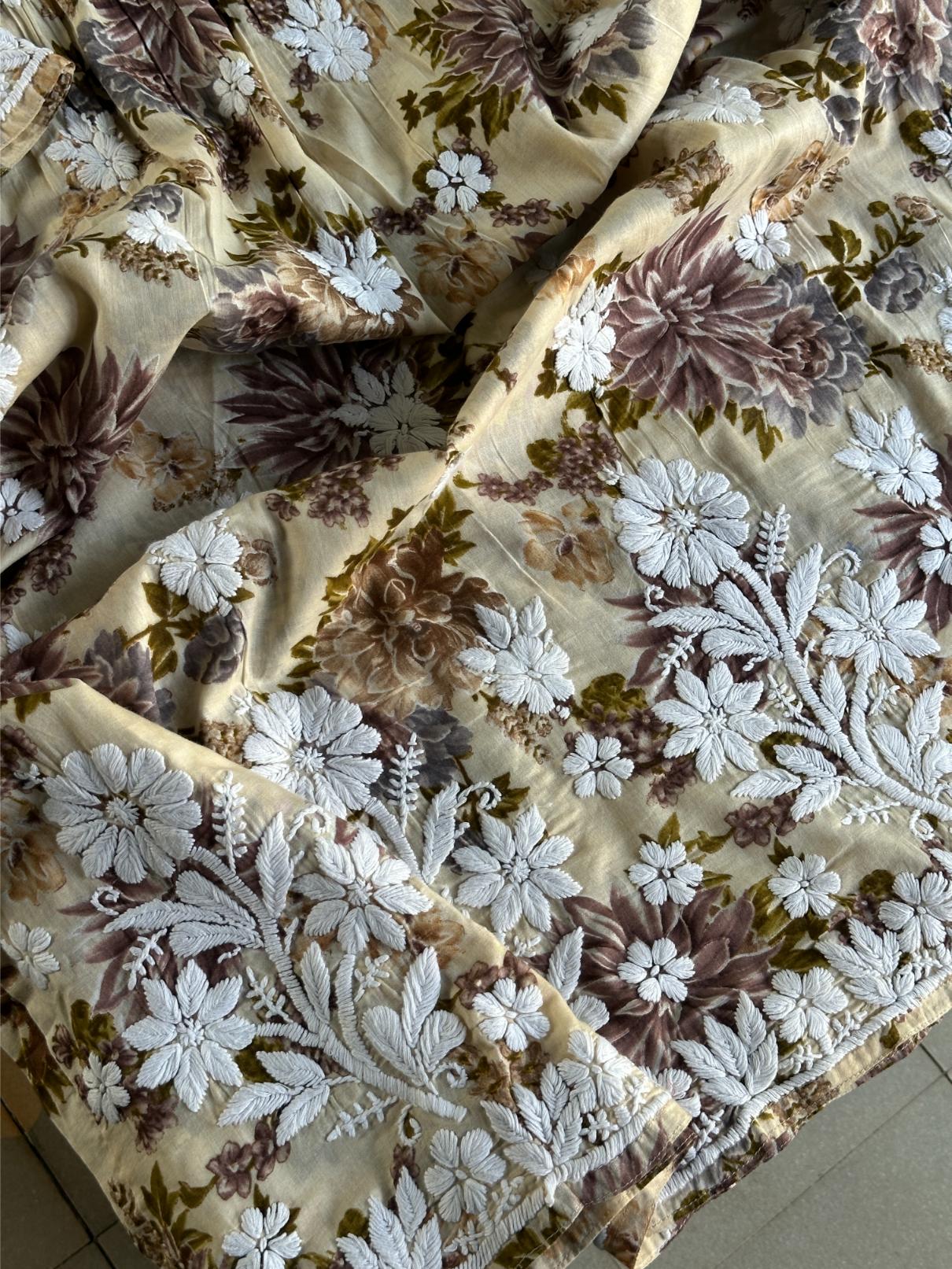 Lemon Floral Print Cotton Chikankari Long Kurta