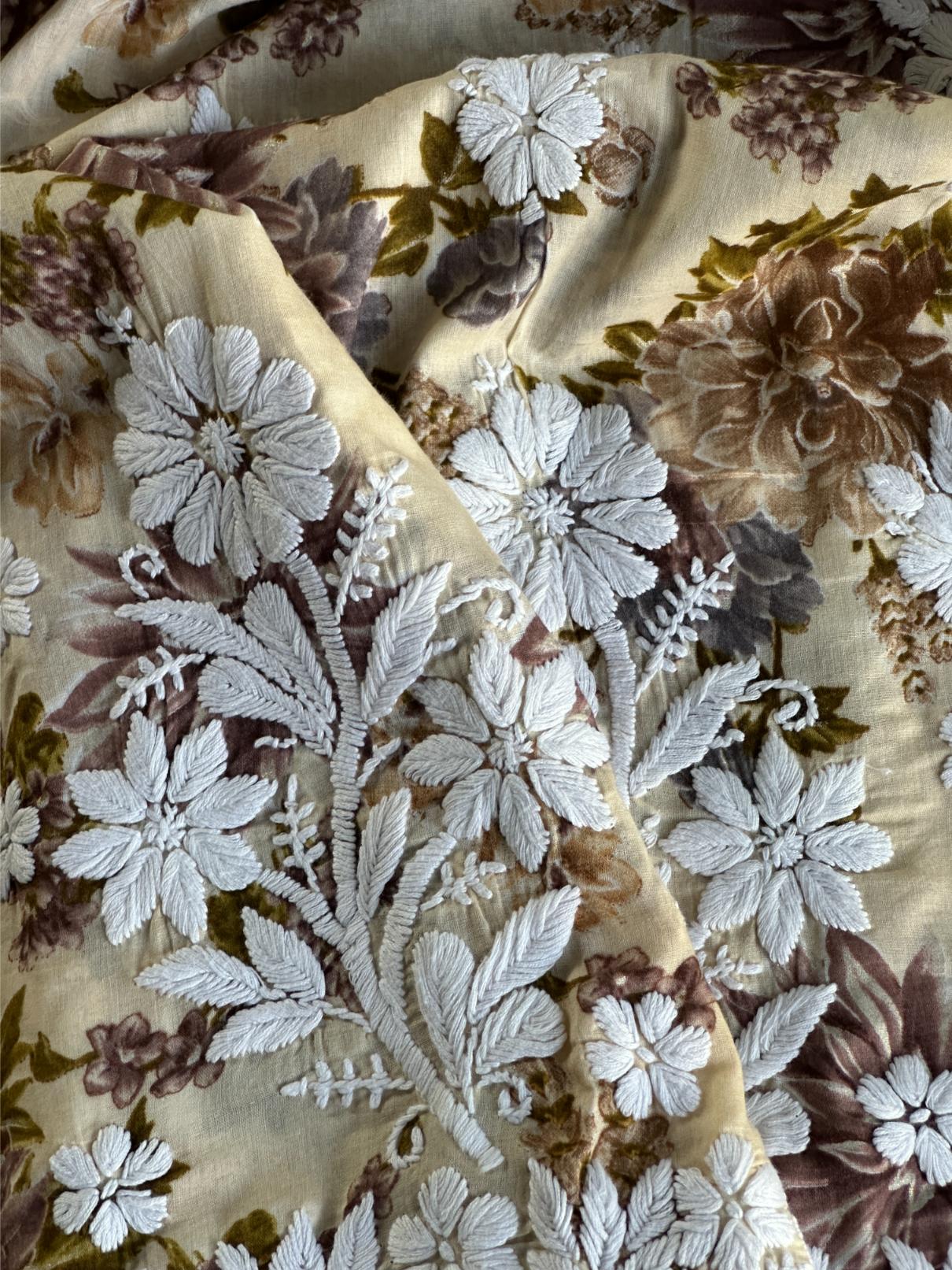 Lemon Floral Print Cotton Chikankari Long Kurta