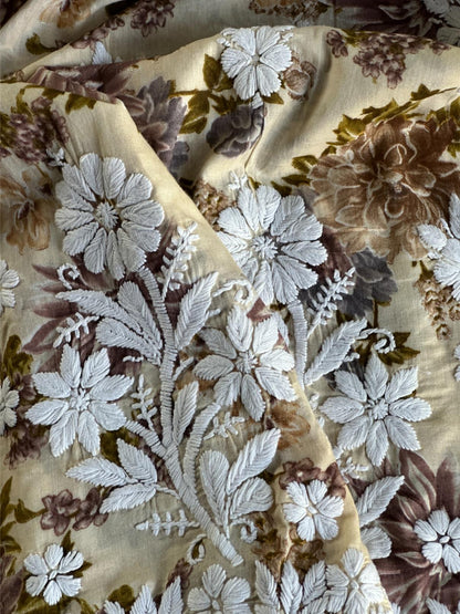 Lemon Floral Print Cotton Chikankari Long Kurta