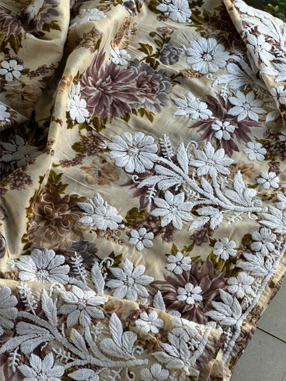 Lemon Floral Print Cotton Chikankari Long Kurta