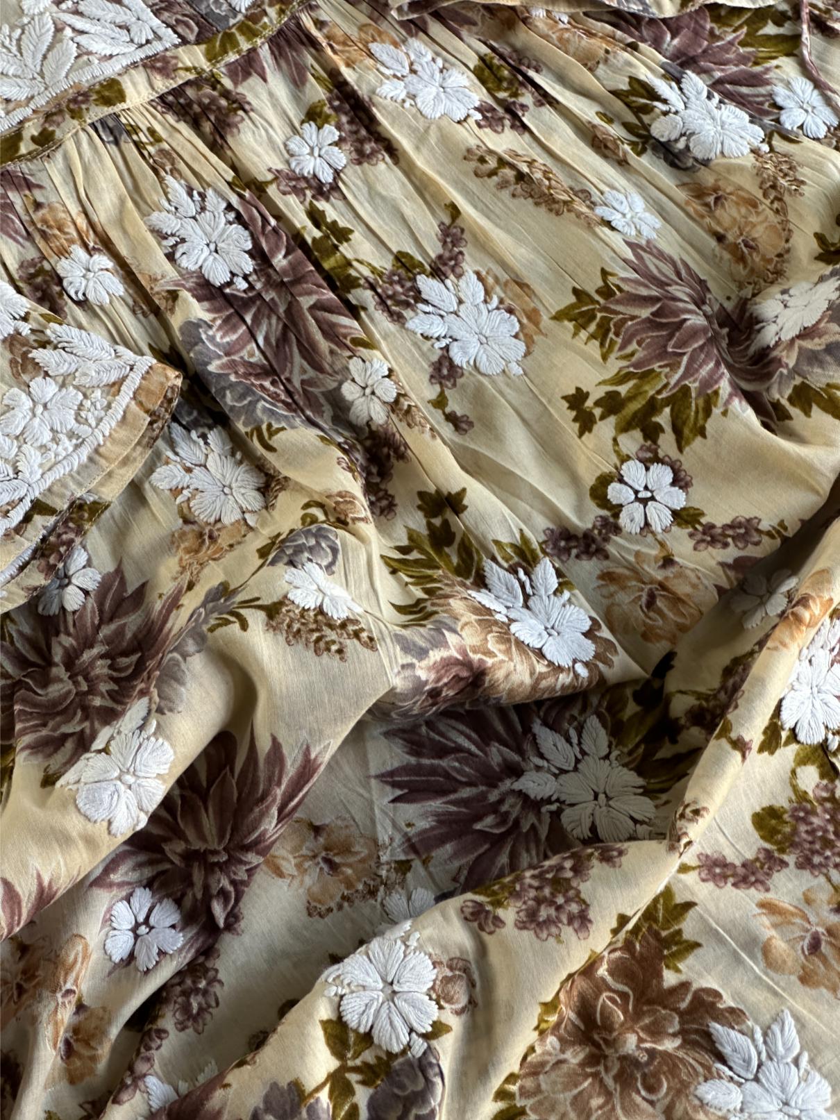 Lemon Floral Print Cotton Chikankari Long Kurta