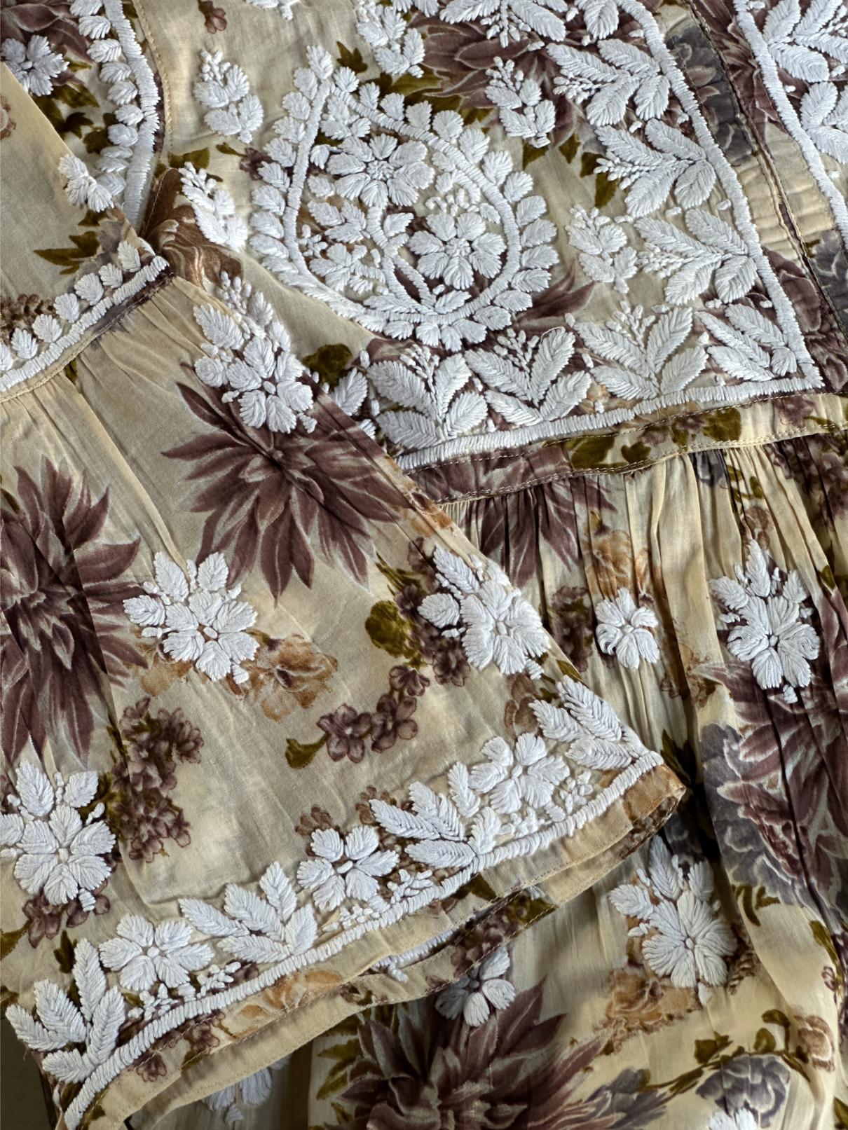 Lemon Floral Print Cotton Chikankari Long Kurta