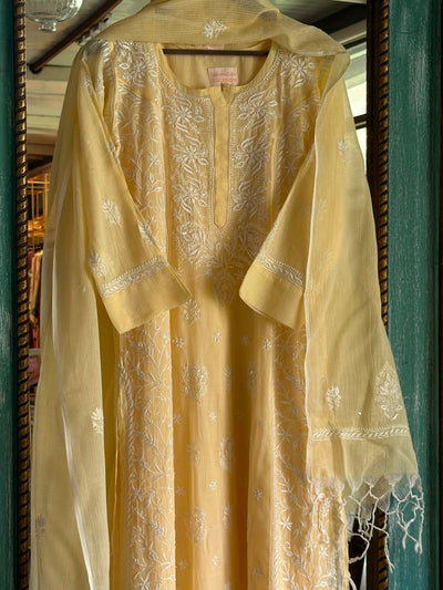 Lemon Sequinned Chikankari Kota Kurta & Dupatta Set