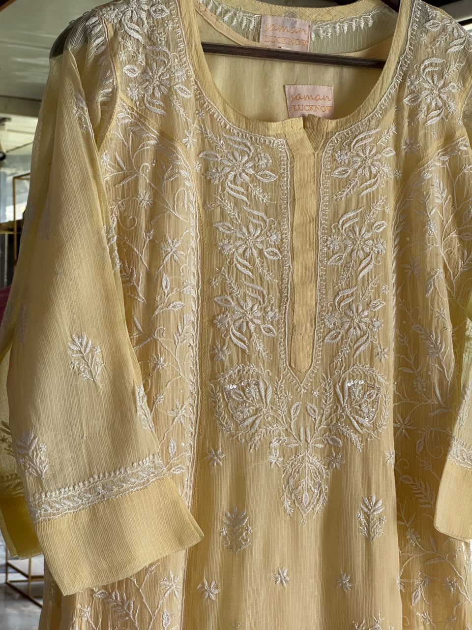 Lemon Sequinned Chikankari Kota Kurta & Dupatta Set