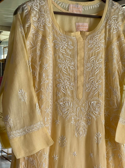 Lemon Sequinned Chikankari Kota Kurta & Dupatta Set